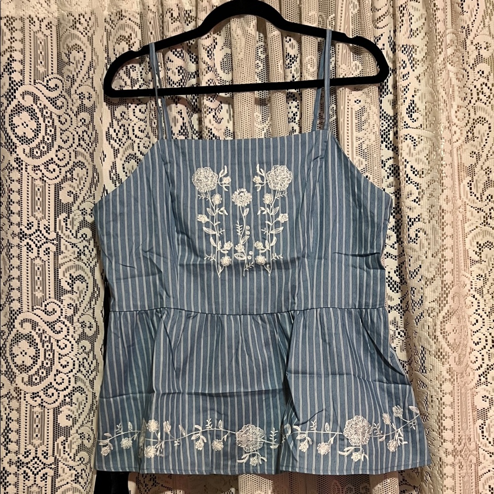 Harper Heritage Embroidered Blue Striped Tank Top